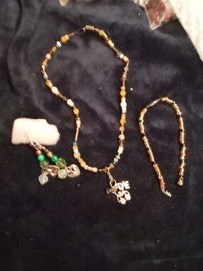 Gold-Tone and Green Beaded Necklace with 'Love' Charm